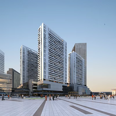 Modern Urban Commercial Street With High Rise Buildings Active Pedestrians And Open Plaza 3d model