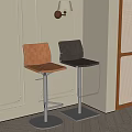 Brown and black bar stools with woven seat backrest and metal legs in modern corner