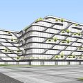 Modern Architectural Building With Unique Curved Glass Facade And Pink Flowering Trees