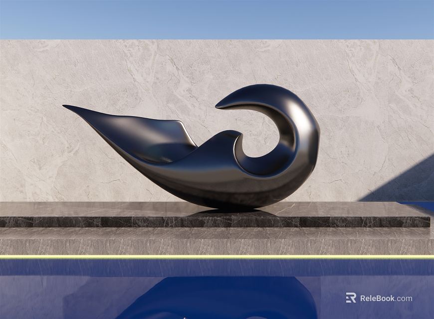 Black Curved Landscape Sculpture Against Gray Wall With Water Pool Reflection 3d model 