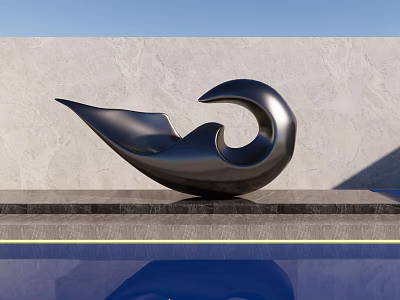 Black Curved Landscape Sculpture Against Gray Wall With Water Pool Reflection 3d model