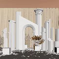 Elegant Photo Check In Spot With White Columns Archway Beige Backdrop And Dried Flower Decorations
