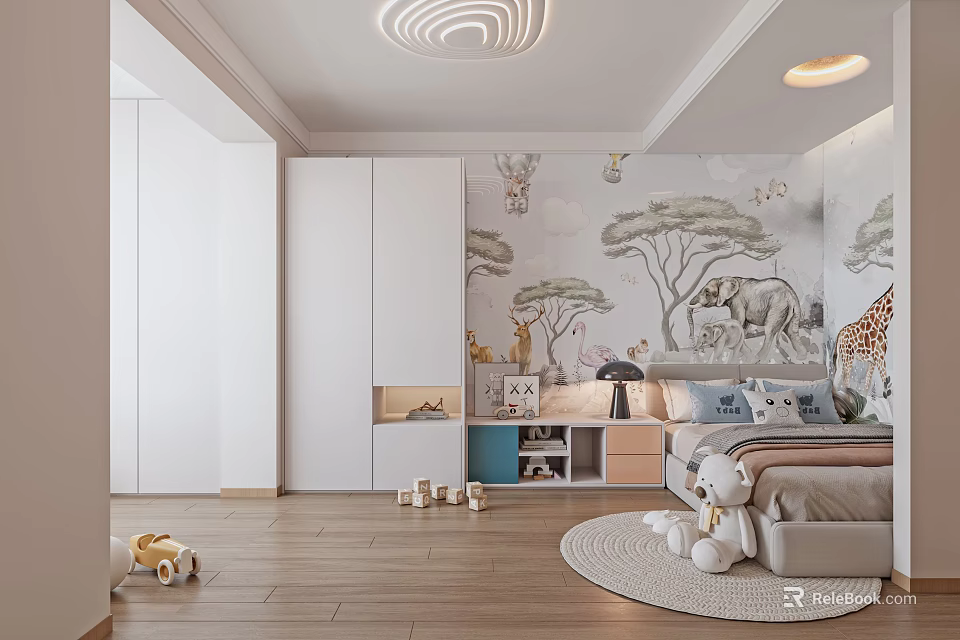 Wildlife Themed Kids Room Interior With White Wardrobe Bed Toys Wooden Floor And Round Light 3d model 
