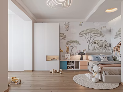 Wildlife Themed Kids Room Interior With White Wardrobe Bed Toys Wooden Floor And Round Light 3d model