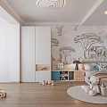 Wildlife Themed Kids Room Interior With White Wardrobe Bed Toys Wooden Floor And Round Light