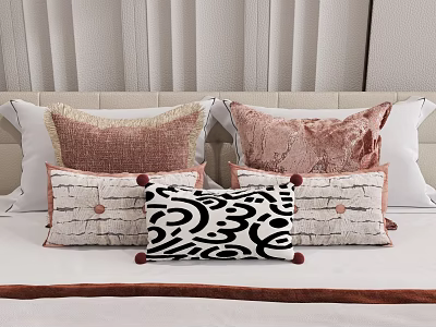 Stylish Decorative Throw Pillows With Pink Velvet Black White Patterns And Pom Poms On Bed 3d model