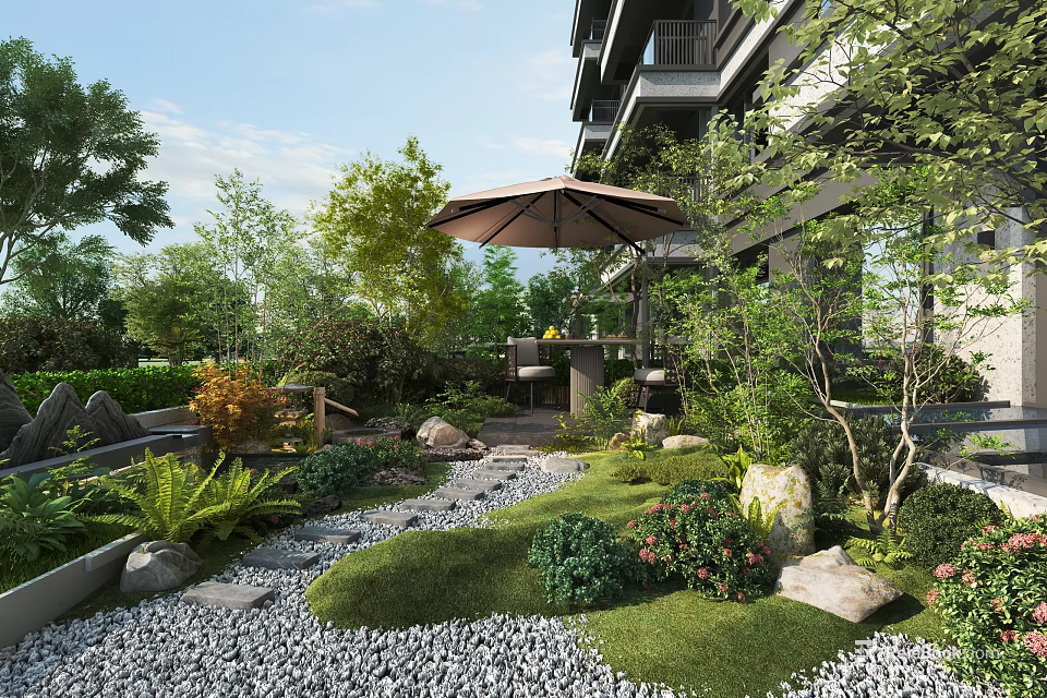 Serene Courtyard Garden With Stone Pathway Patio Umbrella Lush Greenery And Natural Seating Area 3d model 