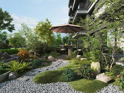 Serene Courtyard Garden With Stone Pathway Patio Umbrella Lush Greenery And Natural Seating Area 3d model