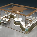 Modern Mall Kiosk With Star Shaped Top Round Display Stand Brown White Colors And Tables