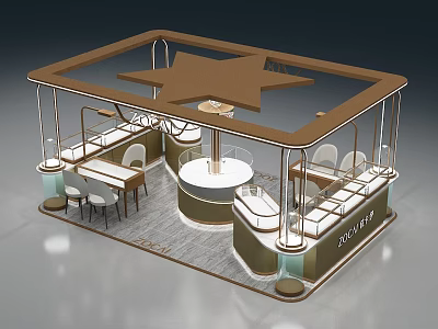 Modern Mall Kiosk With Star Shaped Top Round Display Stand Brown White Colors And Tables 3d model
