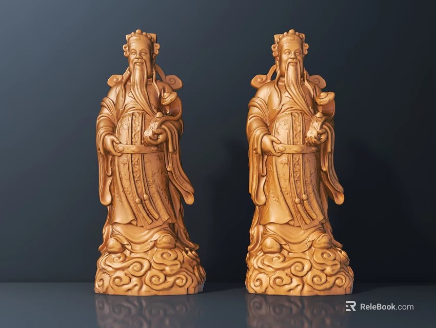 Two Traditional Wooden Figure Sculptures With Intricate Robe Patterns And Ornate Bases 3d model 