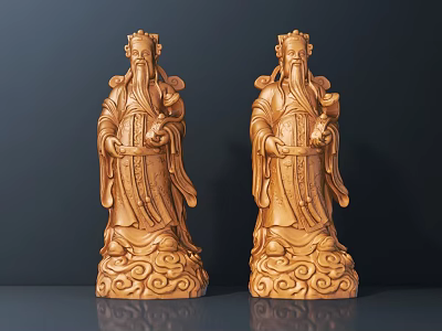 Two Traditional Wooden Figure Sculptures With Intricate Robe Patterns And Ornate Bases 3d model