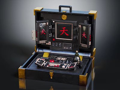Open Black Case With Gold Trim Internal Devices And Red Tian Character 3d model