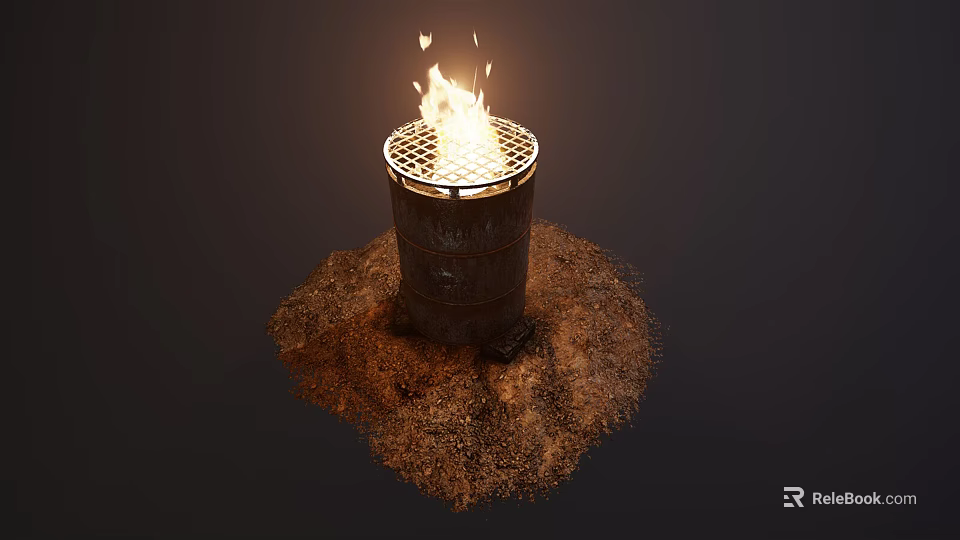Outdoor Garden Ornament Metal Fire Pit Burning With Hay Surrounding Base 3d model 