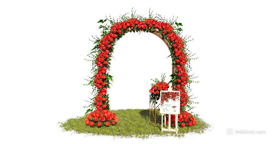 Beautiful Red Floral Arch Installation With Green Leaves Grass And Easel 3d model 