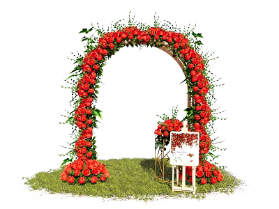 Beautiful Red Floral Arch Installation With Green Leaves Grass And Easel 3d model