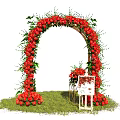 Beautiful Red Floral Arch Installation With Green Leaves Grass And Easel