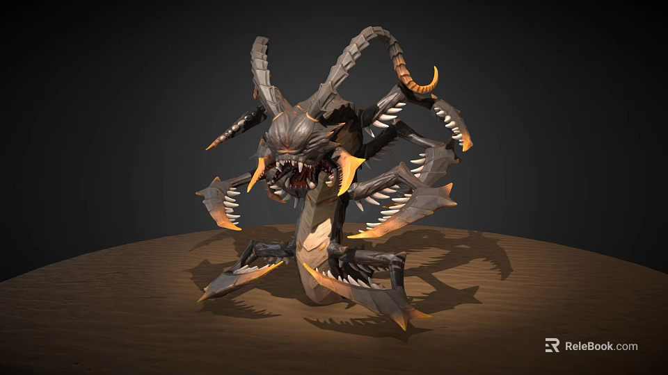 Dark Fantasy 3D Monster Model Featuring Multiple Limbs Horns Sharp Fangs And Orange Accents 3d model 