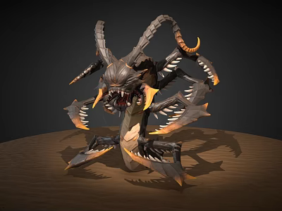 Dark Fantasy 3D Monster Model Featuring Multiple Limbs Horns Sharp Fangs And Orange Accents 3d model