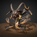Dark Fantasy 3D Monster Model Featuring Multiple Limbs Horns Sharp Fangs And Orange Accents