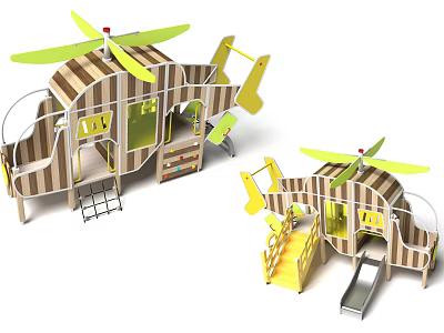 Helicopter Shaped Wooden Play Equipment With Slide Stairs And Green Rotors For Children 3d model