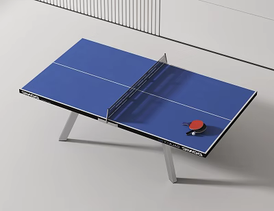 Professional Blue Ping Pong Table With Net And Red Paddle Sports Equipment 3d model