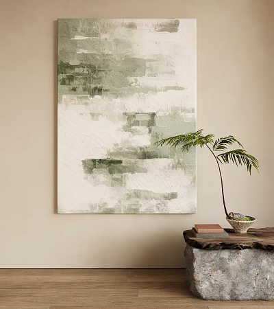 Abstract Painting With Green Beige Tones And Palm Plant On Wooden Table 3d model