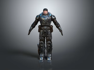 Male Mechanical Armor Action Figure In Black And Blue Standing Pose With Gray Background 3d model