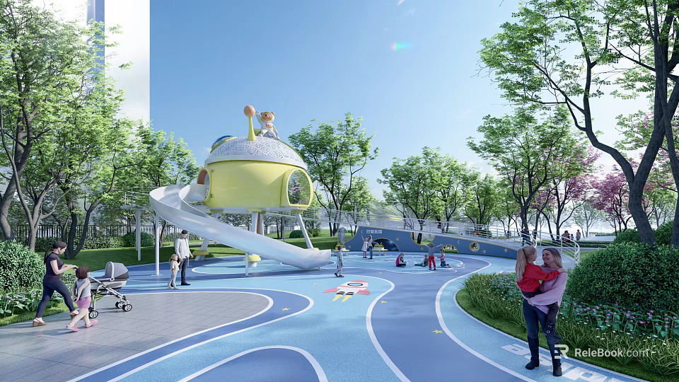 Children's Play Area Featuring Yellow Dome Structure Slide Blue Floor And Green Trees 3d model 