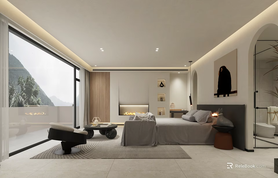 Modern Minimalist Bedroom With Large Bed And Lounge Chair 3d model 