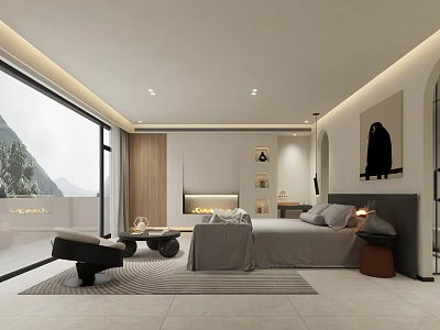 Modern Minimalist Bedroom With Large Bed And Lounge Chair 3d model