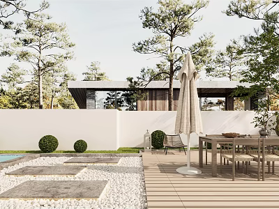 Tranquil Courtyard Garden With White Wall Wooden Deck Outdoor Dining Table Umbrella And Green Trees 3d model