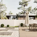 Tranquil Courtyard Garden With White Wall Wooden Deck Outdoor Dining Table Umbrella And Green Trees