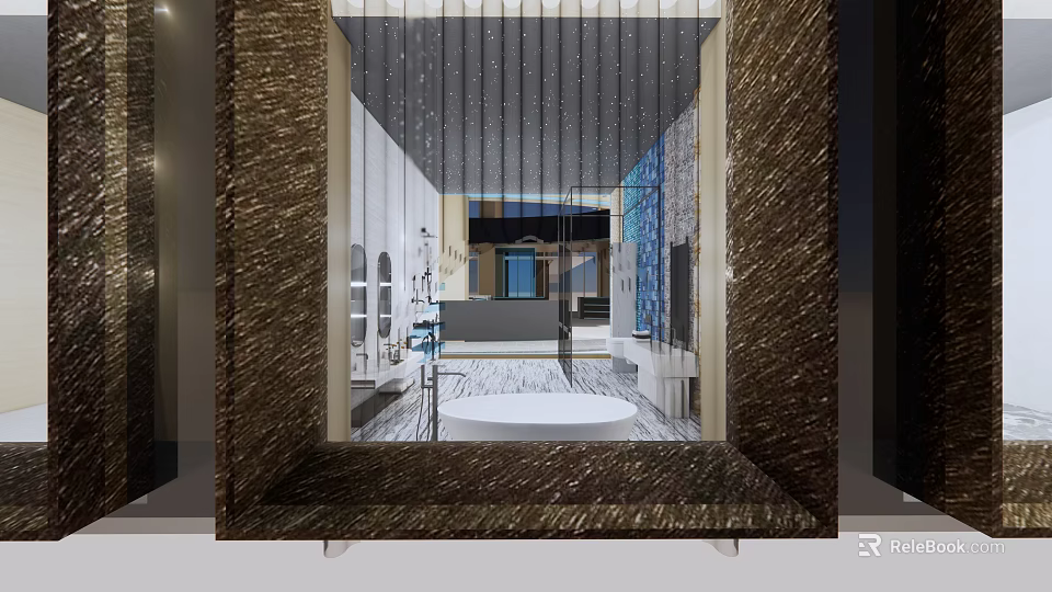 Elegant Modern Bathroom Interior With Marble Frame Bathtub Vanity And Chandelier 3d model 