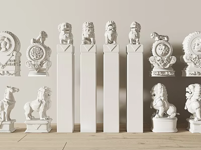 Decorative White Columns With Lion Statues And Ornate Sculptures In Display Setting 3d model