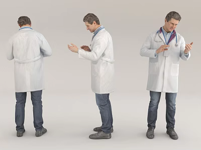 Man Wearing White Coat and Stethoscope Three Different Angles View 3d model