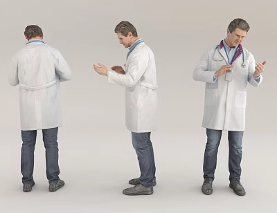 Man Wearing White Coat and Stethoscope Three Different Angles View 3d model