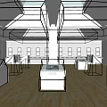 Exhibition Hall Interior Design With Display Cases Ceiling Lights And Wooden Flooring