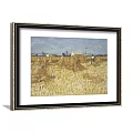 Black Framed Landscape Painting Featuring Golden Wheat Field With Green Trees And Blue Sky Background
