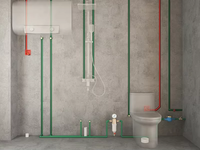 Plumbing Pipes Installation With Green And Red Water Lines In Unfinished Concrete Bathroom 3d model