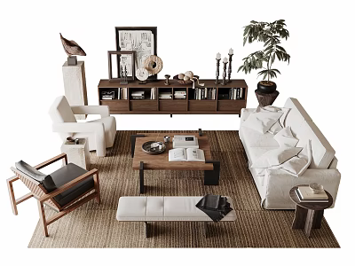 Modern Sofa and Coffee Table Set with Cozy Seating Wooden Accents and Indoor Plant Decor 3d model