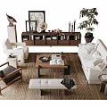 Modern Sofa and Coffee Table Set with Cozy Seating Wooden Accents and Indoor Plant Decor
