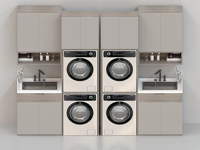 Modern Laundry Room Design With Four Built in Washing Machines Grey Cabinets And Sinks 3d model