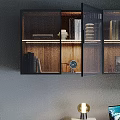 Modern Decorative Cabinet with Glass Doors Wooden Shelves Books and Interior Lighting