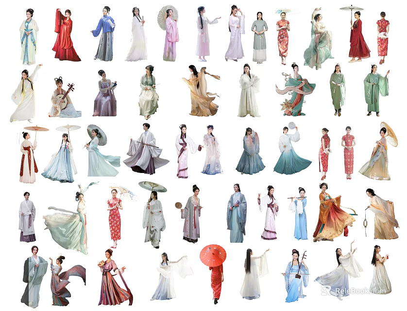 Multiple People In Traditional Ancient Costumes With Various Styles Colors And Poses 3d model 