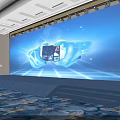 Spacious Conference Hall With Neatly Arranged White Seats Stage Lighting And Blue Patterned Carpet