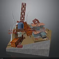 Construction Site Components 3D Model With Red Crane Blue Tank White Poles And Building Modules