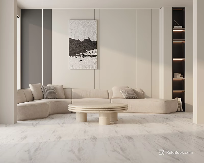 Modern Minimalist Three Seater Sofa Beige With Round Coffee Table White Cabinets And Marble Floor 3d model 