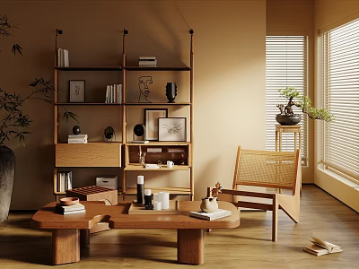 Wooden Coffee Table In Warm Interior With Wicker Chair Bookshelf And Potted Plant 3d model