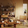 Wooden Coffee Table In Warm Interior With Wicker Chair Bookshelf And Potted Plant
